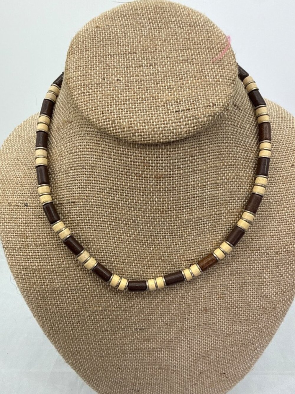 Vintage Y2K Surf Wood Beaded Choker Necklace Brown Beige Boho Cyber Grunge